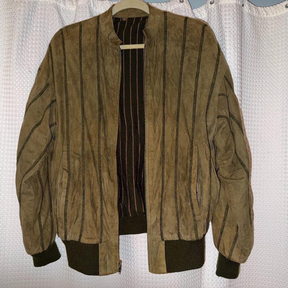 Vintage Olive Green Leather Bomber Jacket – Men’s L